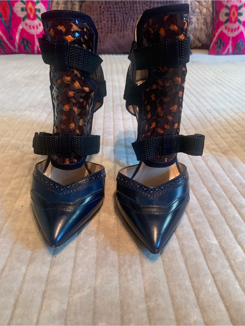 Nicholas Kirkwood Navy Pointed-Toe High-Heel Sandals with Patterned Mesh Cover